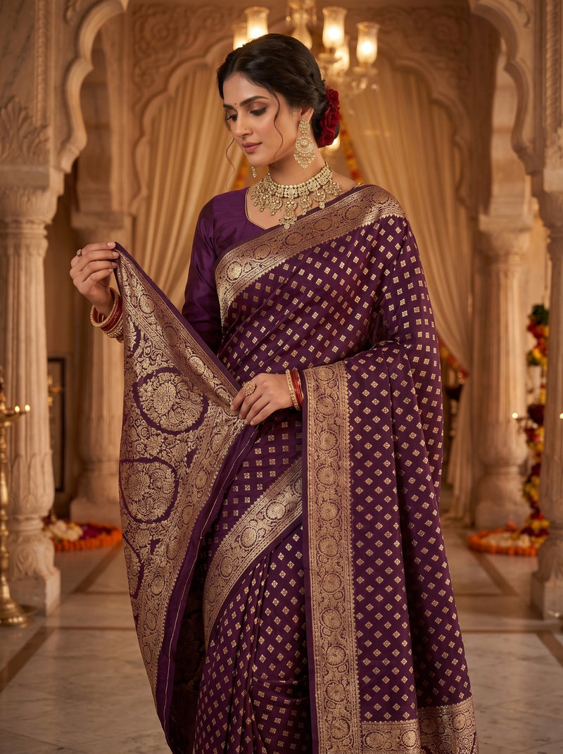 Wine Purple Banarasi Silk Saree with Golden Zari Diamond Butti Work, Floral Woven Border & Rich Pallu for Women