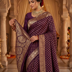 Wine Purple Banarasi Silk Saree with Golden Zari Diamond Butti Work, Floral Woven Border & Rich Pallu for Women