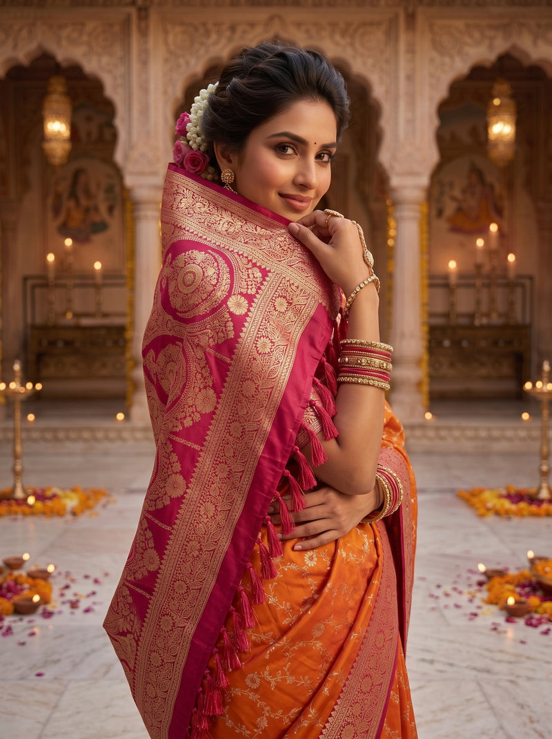 Radiant Orange Banarasi Silk Saree with Rich Magenta Contrast Border and Blouse