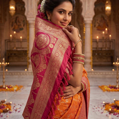 Radiant Orange Banarasi Silk Saree with Rich Magenta Contrast Border and Blouse