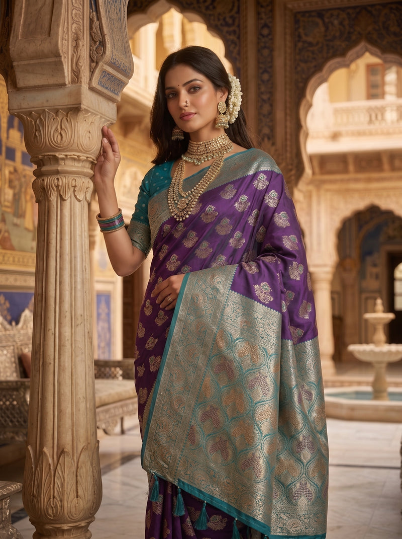 Majestic Bottle Green Art Silk Banarasi Saree with Crimson Red Contrast Border & Blouse Piece