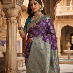 Majestic Bottle Green Art Silk Banarasi Saree with Crimson Red Contrast Border & Blouse Piece