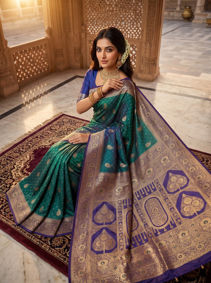 Royal Peacock Green Art Silk Banarasi Saree with Purple Contrast Border & Blouse Piece