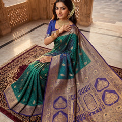 Royal Peacock Green Art Silk Banarasi Saree with Purple Contrast Border & Blouse Piece