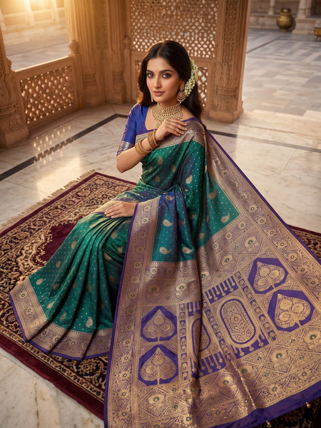 Royal Peacock Green Art Silk Banarasi Saree with Purple Contrast Border & Blouse Piece