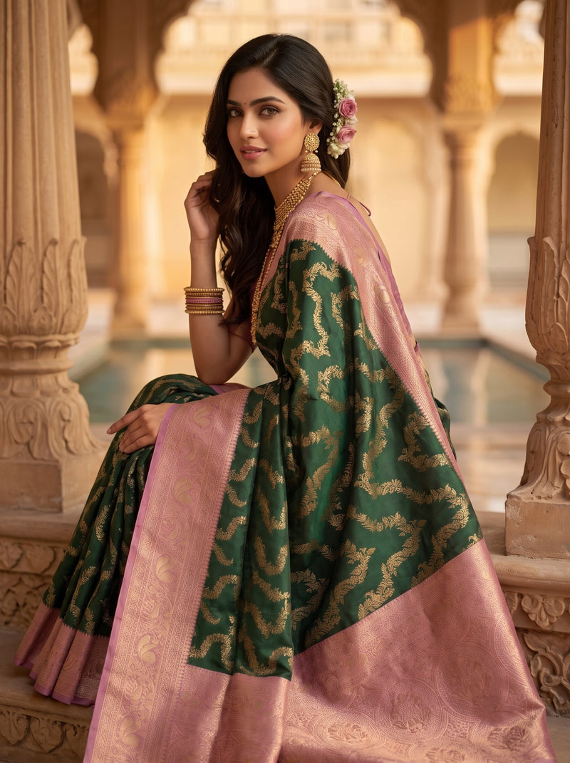 Bottle Green Art Silk Banarasi Saree with Dusty Pink Contrast Border & Blouse Piece