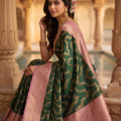 Bottle Green Art Silk Banarasi Saree with Dusty Pink Contrast Border & Blouse Piece
