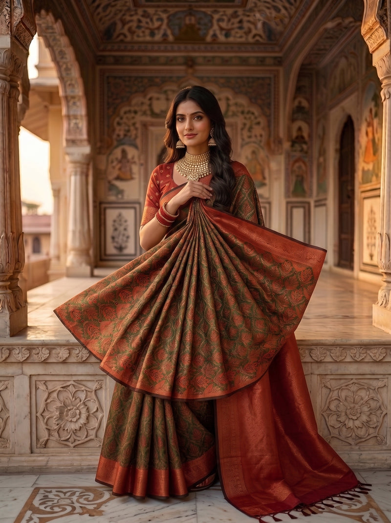 Olive Green & Rust Orange Jacquard Woven Saree with Rich Zari Border & Pallu