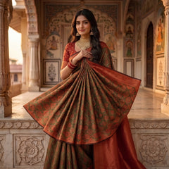 Olive Green & Rust Orange Jacquard Woven Saree with Rich Zari Border & Pallu