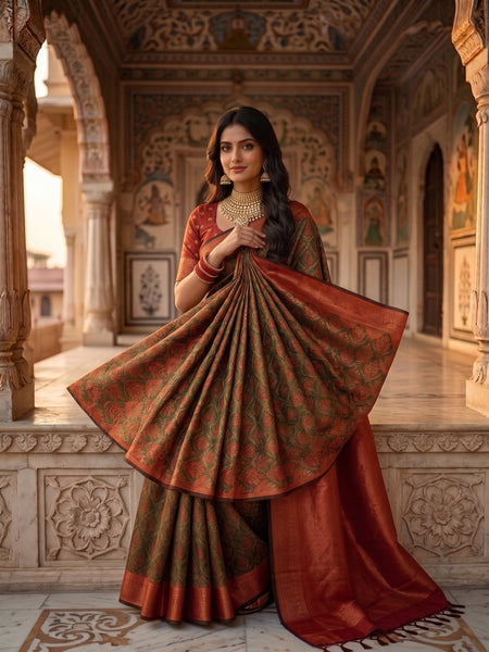 Olive Green & Rust Orange Jacquard Woven Saree with Rich Zari Border & Pallu