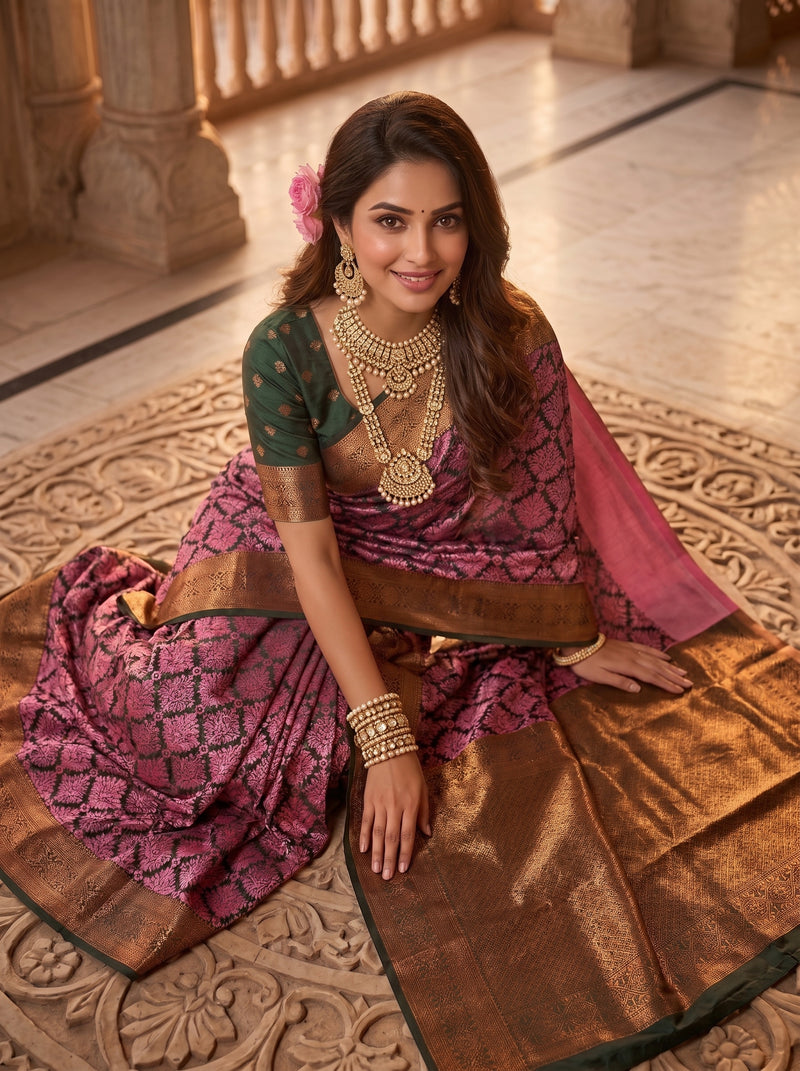 Magenta & Green Jacquard Woven Saree with Rich Copper Zari Border & Pallu