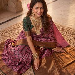 Magenta & Green Jacquard Woven Saree with Rich Copper Zari Border & Pallu