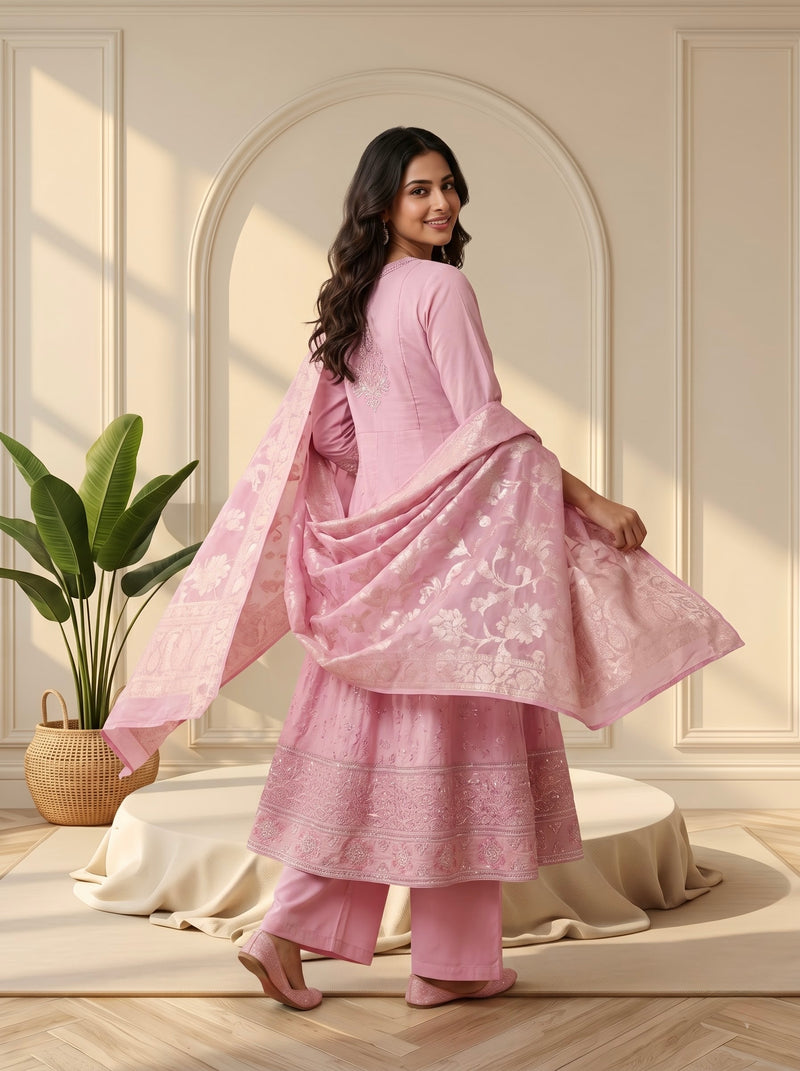 Pink Embroidered Anarkali Suit with Zari Woven Dupatta