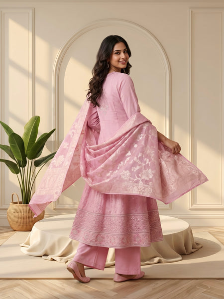 Pink Embroidered Anarkali Suit with Zari Woven Dupatta