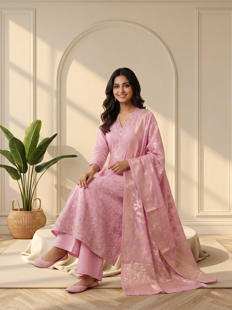 Pink Embroidered Anarkali Suit with Zari Woven Dupatta