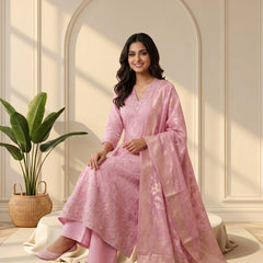 Pink Embroidered Anarkali Suit with Zari Woven Dupatta