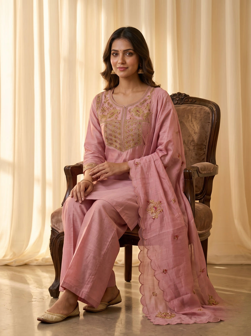 Pink Silk Kurta Set with Gold Embroidery