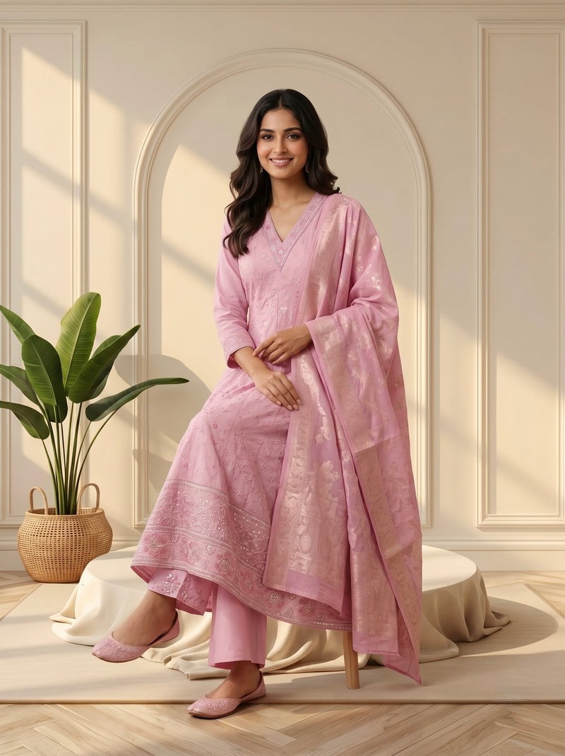 Pink Embroidered Anarkali Suit with Zari Woven Dupatta