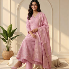 Pink Embroidered Anarkali Suit with Zari Woven Dupatta