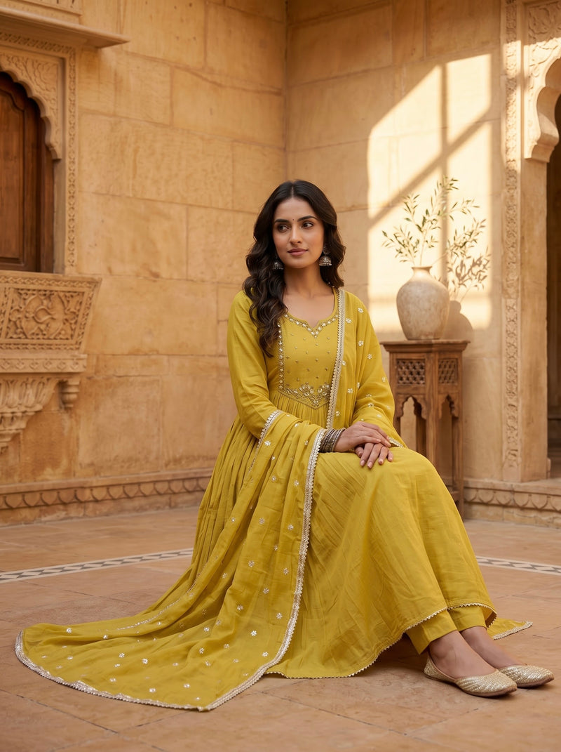 Mustard Yellow Anarkali Suit with Silver Beadwork