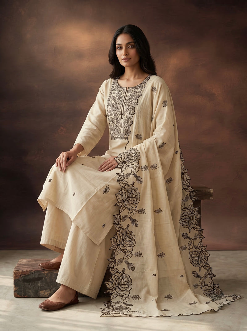 Cream Kurta Set with Black Rose Embroidery