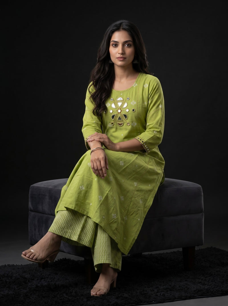 Lime Green Mirror-Work Kurta with Striped Palazzo