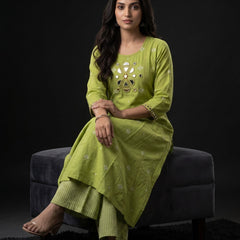Lime Green Mirror-Work Kurta with Striped Palazzo