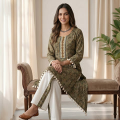 Olive Green Printed Tunic with Pom-Pom Trim