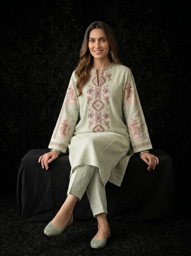 Sage Green Kurta with Geometric Floral