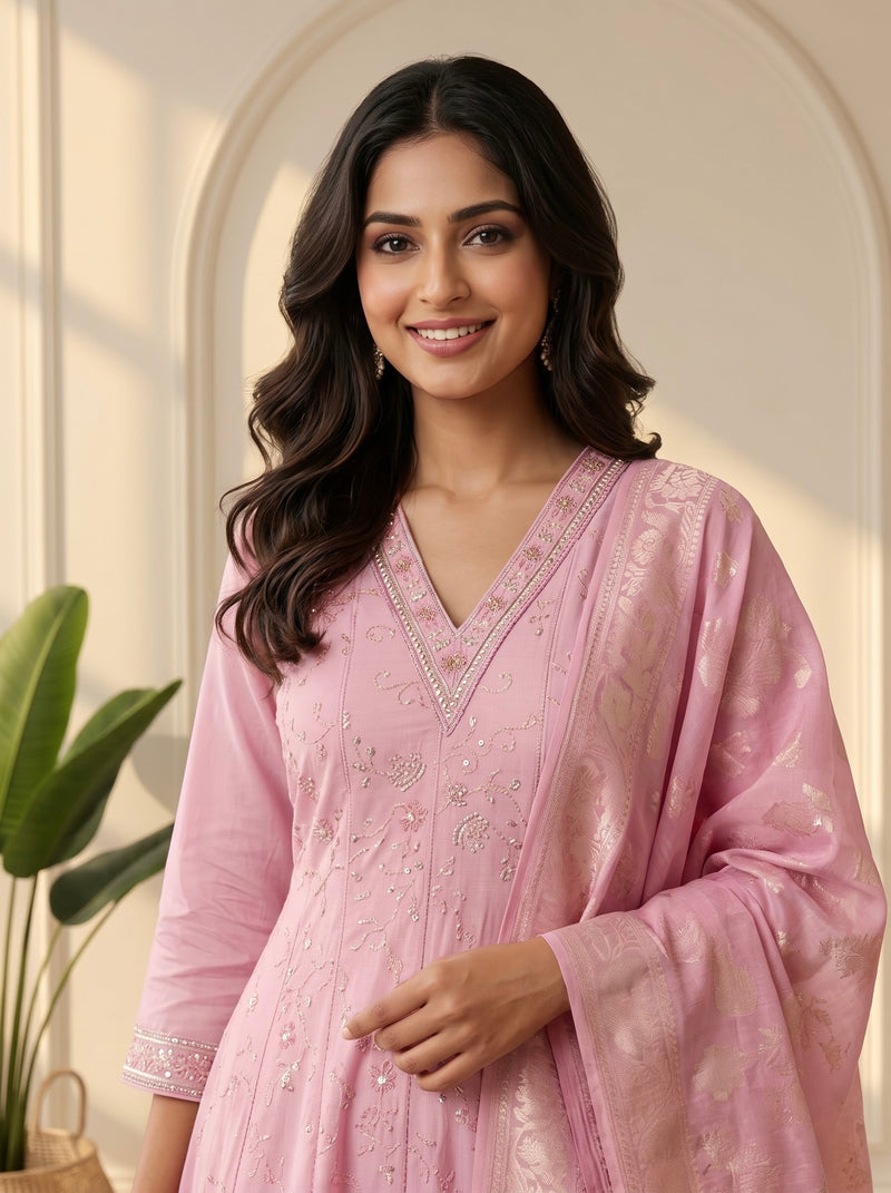 Pink Embroidered Anarkali Suit with Zari Woven Dupatta