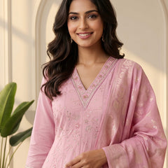 Pink Embroidered Anarkali Suit with Zari Woven Dupatta
