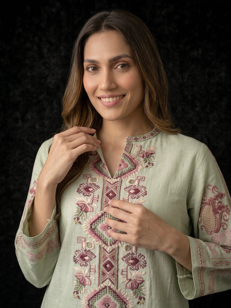 Sage Green Kurta with Geometric Floral