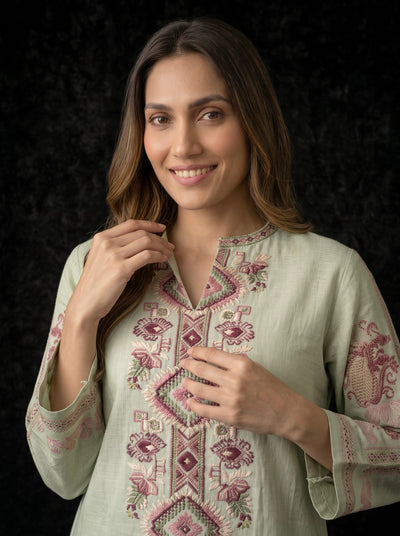 Sage Green Kurta with Geometric Floral