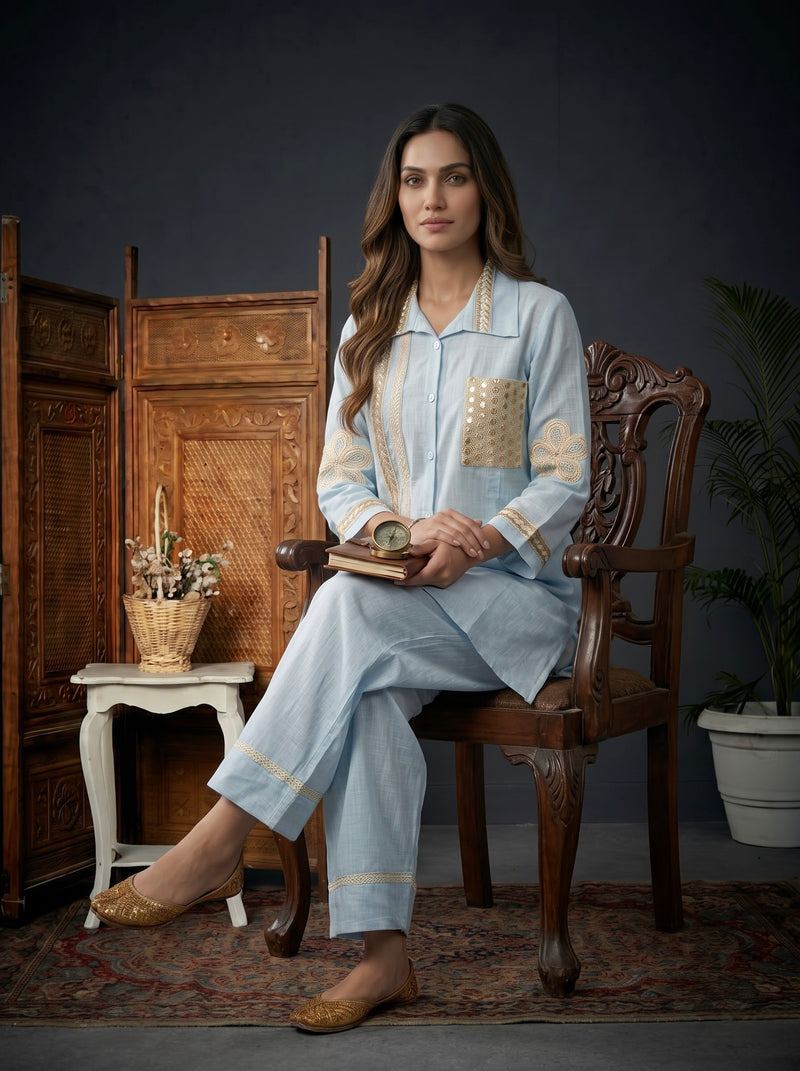 Blush blue Shirt Co-ord Set with Lace Trim