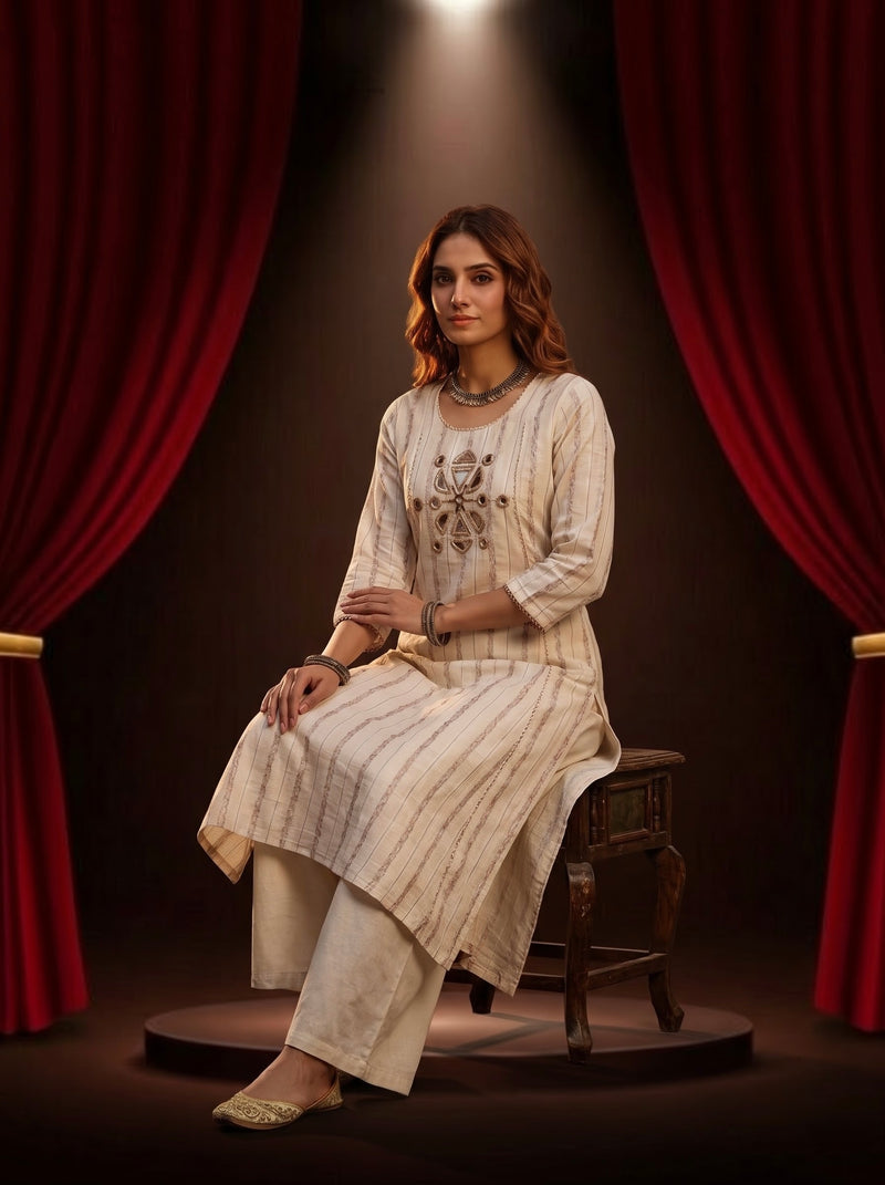 Ivory Mirror-Work Kurta with Palazzo Set