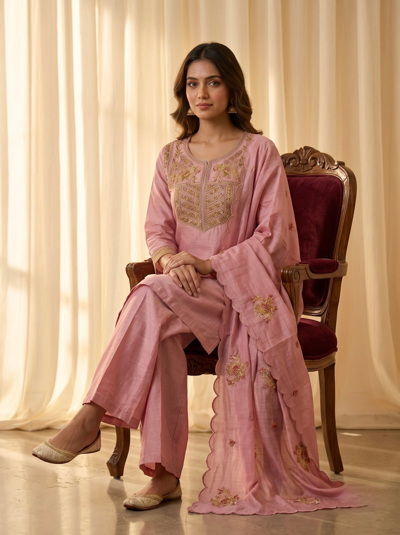 Pink Silk Kurta Set with Gold Embroidery