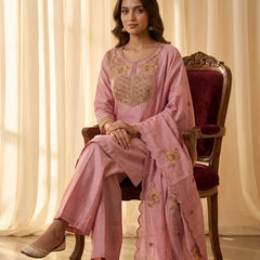Pink Silk Kurta Set with Gold Embroidery
