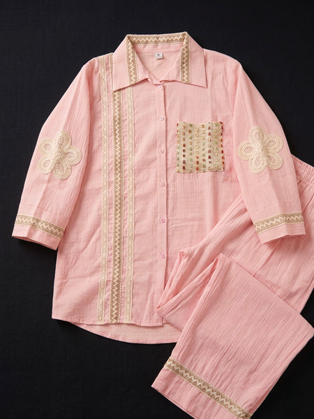Blush Pink Shirt Co-ord Set with Lace Trim
