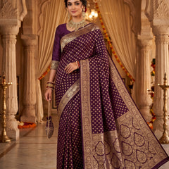 Wine Purple Banarasi Silk Saree with Golden Zari Diamond Butti Work, Floral Woven Border & Rich Pallu for Women