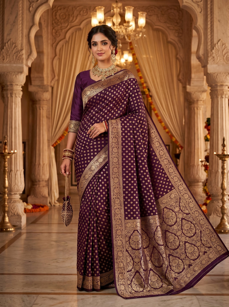 Wine Purple Banarasi Silk Saree with Golden Zari Diamond Butti Work, Floral Woven Border & Rich Pallu for Women