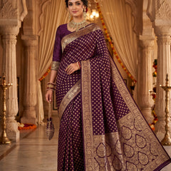 Wine Purple Banarasi Silk Saree with Golden Zari Diamond Butti Work, Floral Woven Border & Rich Pallu for Women