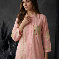 Blush Pink Shirt Co-ord Set with Lace Trim