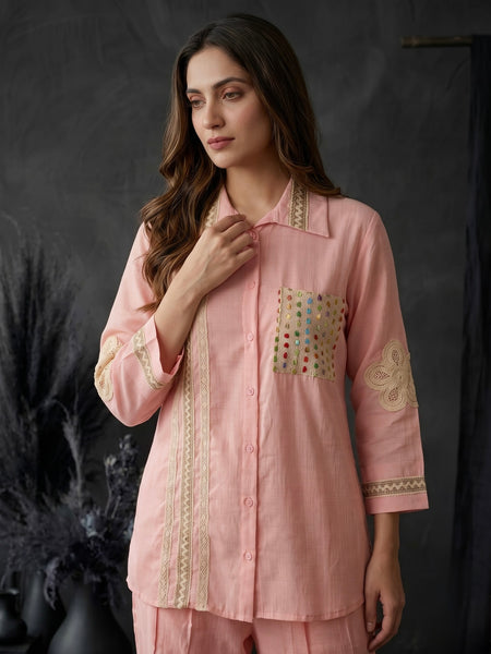 Blush Pink Shirt Co-ord Set with Lace Trim