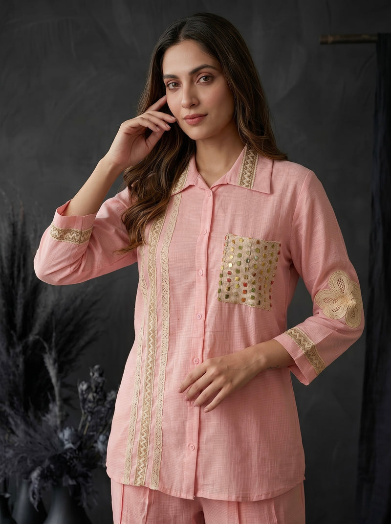 Blush Pink Shirt Co-ord Set with Lace Trim