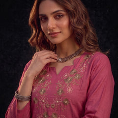 Rose Pink Tunic with Gold and White Floral Embroidery