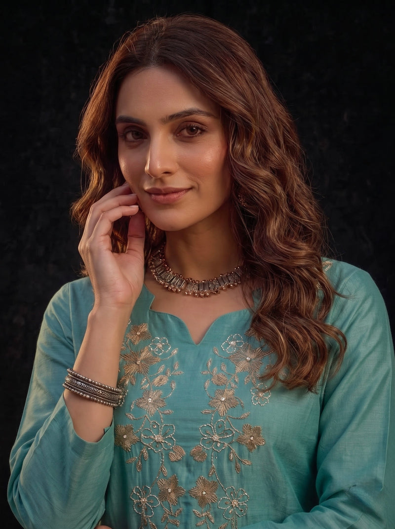 Teal Tunic with Gold and White Floral Embroidery