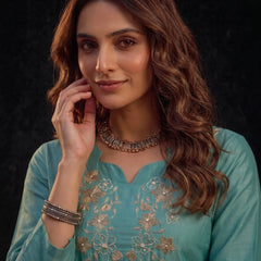 Teal Tunic with Gold and White Floral Embroidery