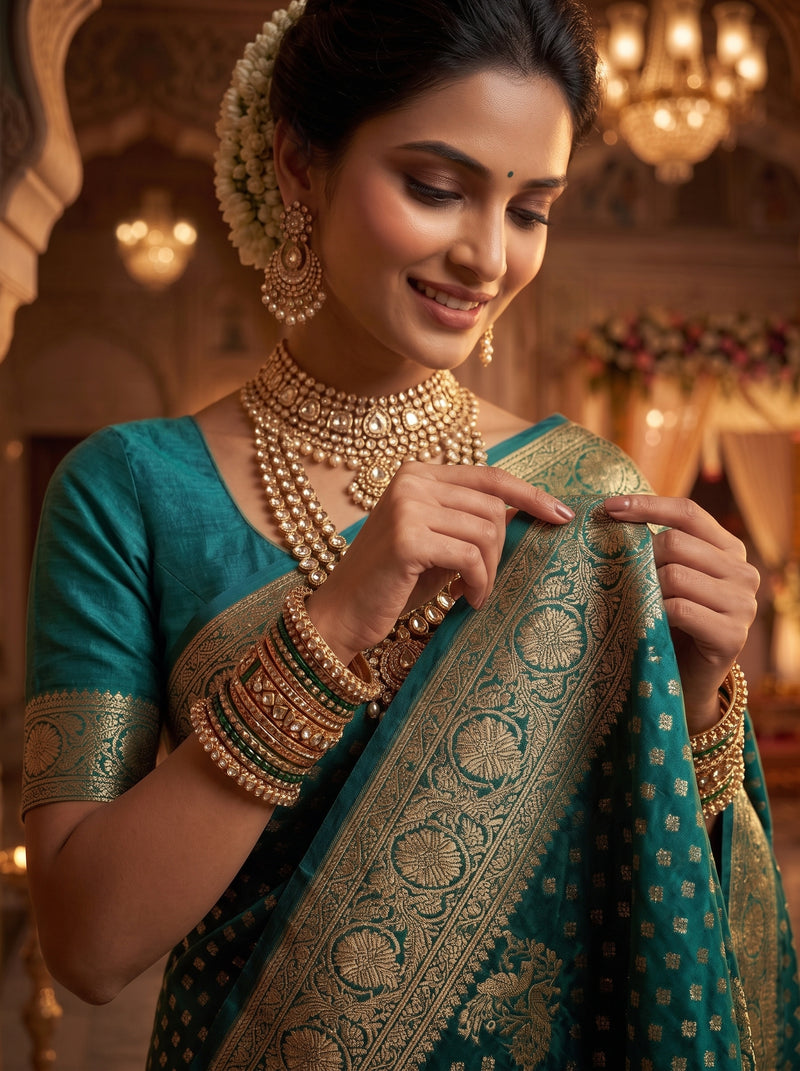 Teal Blue Banarasi Silk Saree with Golden Zari Butti Work, Broad Woven Border & Rich Designer Pallu for Women