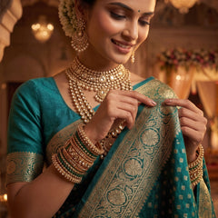 Teal Blue Banarasi Silk Saree with Golden Zari Butti Work, Broad Woven Border & Rich Designer Pallu for Women