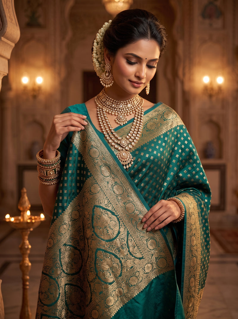 Teal Blue Banarasi Silk Saree with Golden Zari Butti Work, Broad Woven Border & Rich Designer Pallu for Women